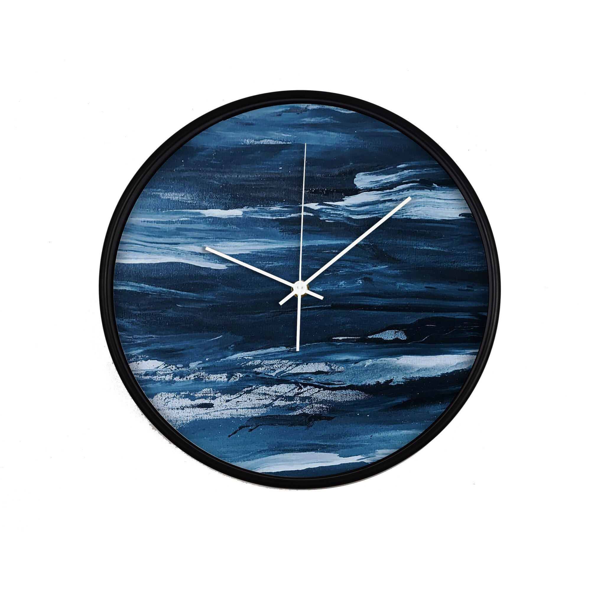 Ceas perete, produs DekoStore, pentru birou, living sau showroom, cu mecanism silentios, Pictura cu marea albastra, diametru 30 cm, rama neagra din plastic