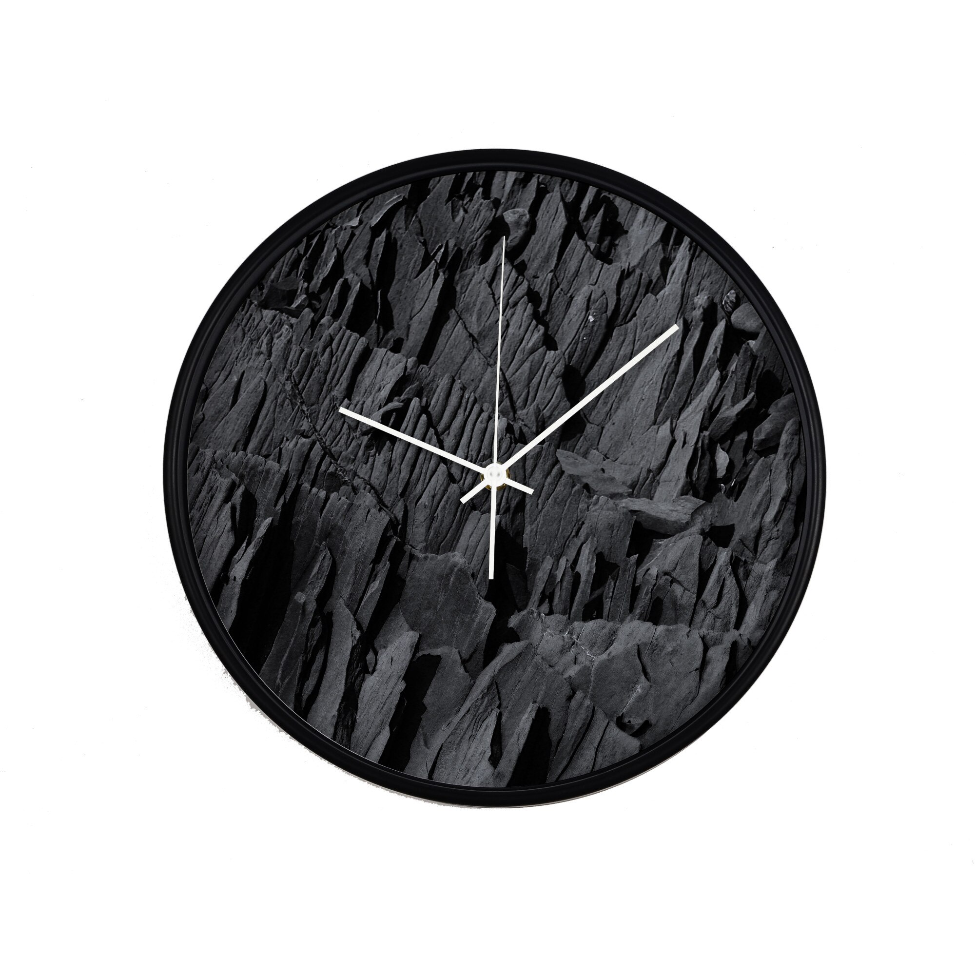 Ceas perete, produs DekoStore, pentru birou, living sau showroom, cu mecanism silentios, Munti stancosi, diametru 30 cm, rama neagra din plastic
