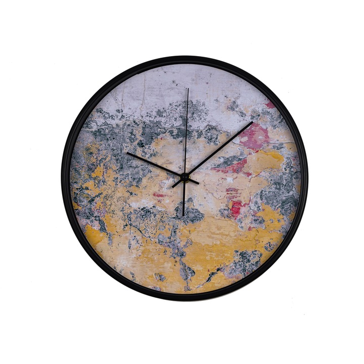 Ceas perete, produs DekoStore, pentru birou, living sau showroom, cu mecanism silentios, Zid vechi colorat si decojit, diametru 30 cm, rama neagra din plastic