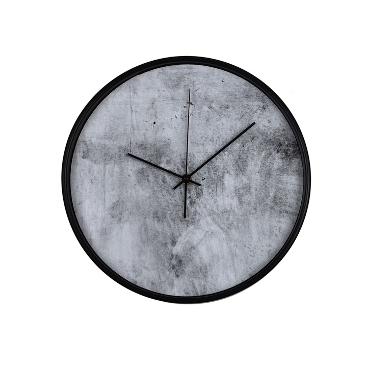 Ceas perete, produs DekoStore, pentru birou, living sau showroom, cu mecanism silentios, Perete in stil industrial, diametru 30 cm, rama neagra din plastic
