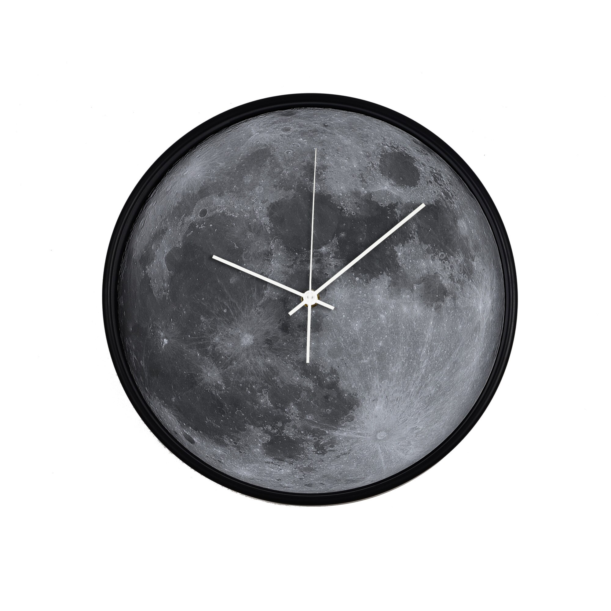 Ceas perete, produs DekoStore, pentru birou, living sau showroom, cu mecanism silentios, Luna plina, diametru 30 cm, rama neagra din plastic