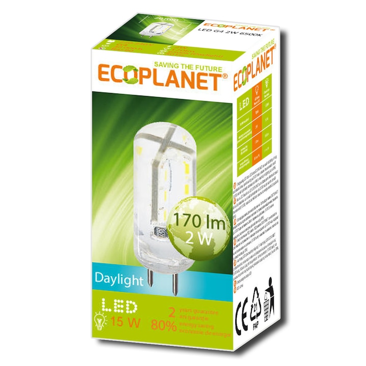 Ecoplanet LED izzó, G4, 12V, 2W (15W), 170 LM, A +, hideg fény 6500K, matt