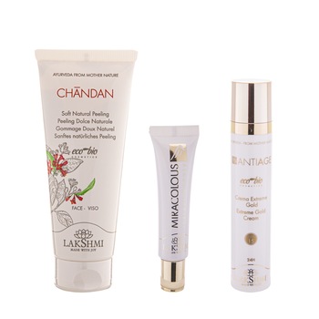 Pachet 3 produse ingrijirea tenului matur, Lakshmi, crema faciala cu aur, crema contur ochi si peeling facial Pachet 3 produse ingrijirea tenului matur, Lakshmi, crema faciala cu aur, crema contur ochi si peeling facial