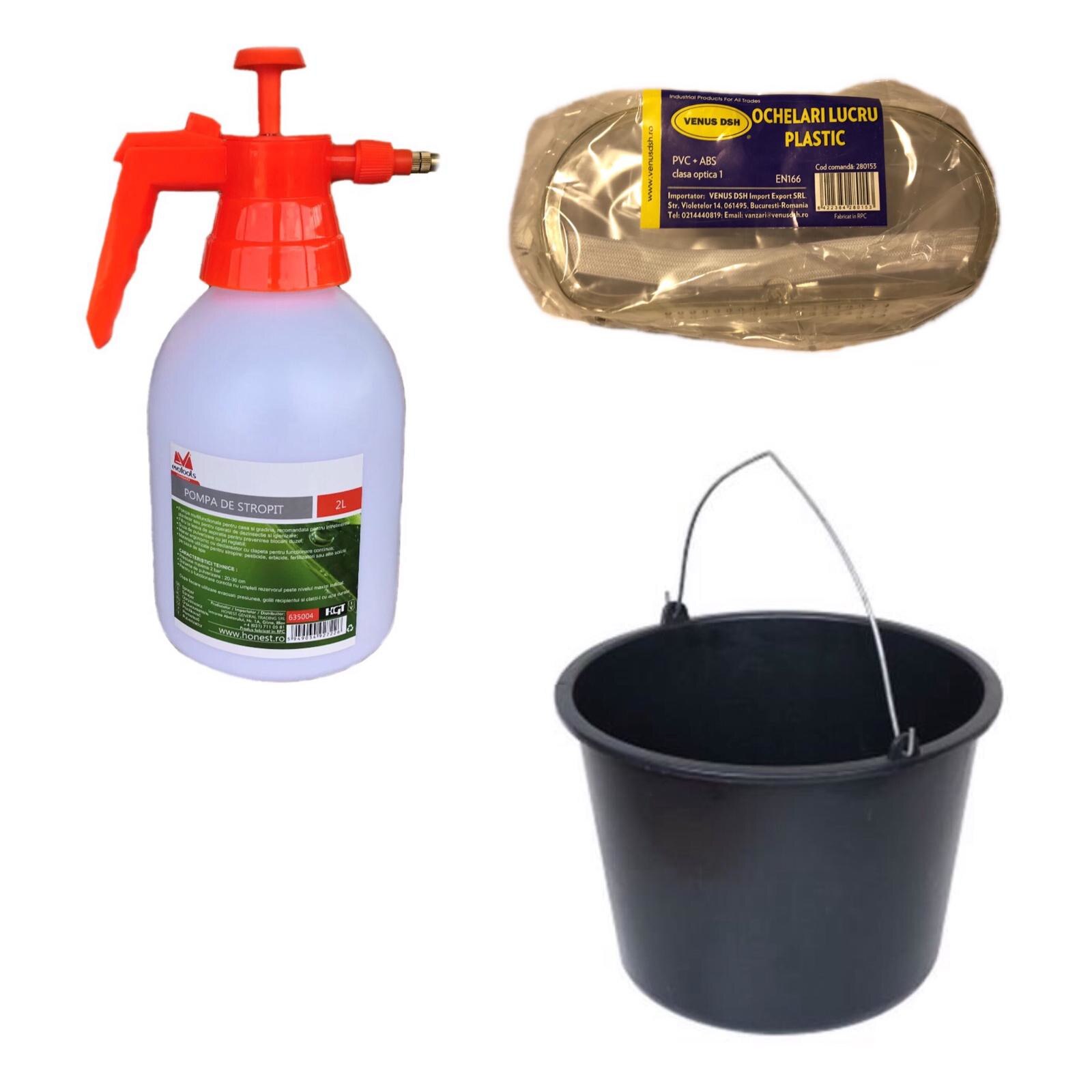 Pachet 1 x Pompa pentru stropit 2 l Evotools + 1 x Ochelari protectie plastic + 1 x Galeata universala 12 l