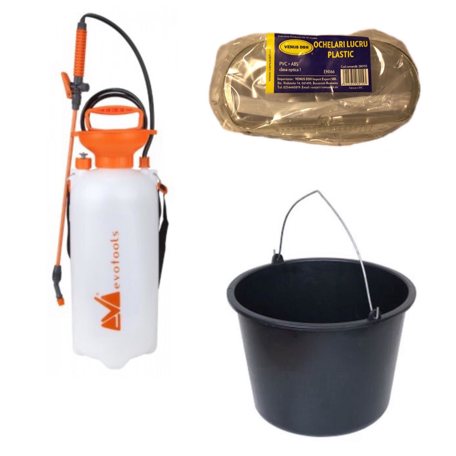 Pachet 1 x Pompa pentru stropit Evotools 5 l + 1 x Ochelari protectie plastic + 1 x Galeata universala 12 l