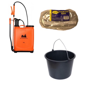 Pachet 1 x Pompa pentru stropit 16 l, Evotools + 1 x Ochelari protectie plastic + Galeata universala 12l Pachet 1 x Pompa pentru stropit 16 l, Evotools + 1 x Ochelari protectie plastic + Galeata universala 12l