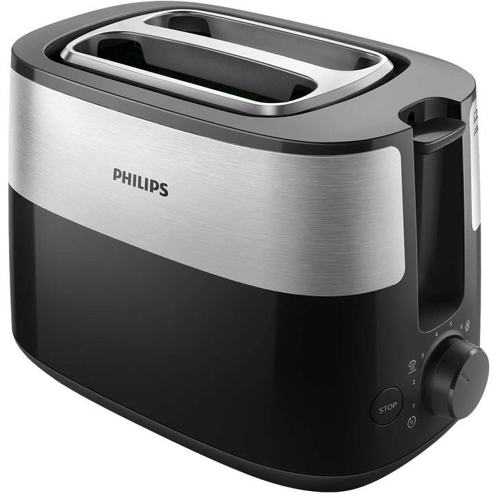 Philips HD2516/90 kenyérpirító, 830 W, 2 változtatható nyílás, Leolvasztó funkció, Beépített fűtő grill, 8 beállítás, Fekete