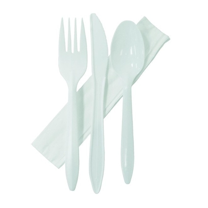Set tris CPLA, lingura + furculita + cutit + servetel, 100buc