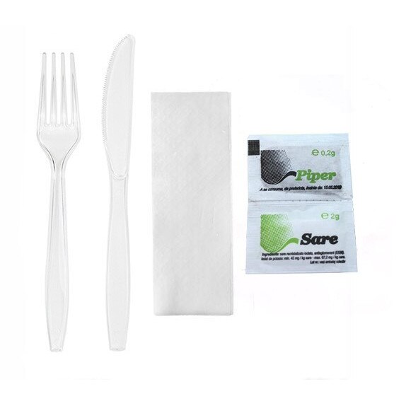 Set bis transparent, furculita + cutit + servetel + sare + piper, 100buc