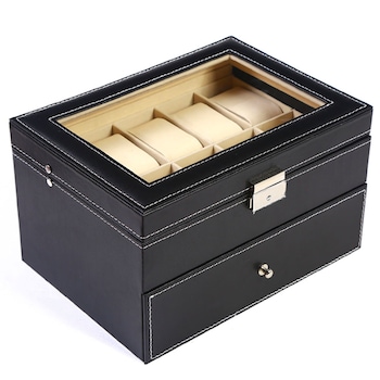 Cutie caseta eleganta depozitare cu sertar si compartimente pentru 20 ceasuri, negru Cutie caseta eleganta depozitare cu sertar si compartimente pentru 20 ceasuri, negru