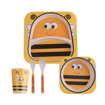 Set de masa si tacamuri pentru copii din fibra de bambus, FizioTab® Kids - Farfurie 2 compartimente, cana, bol, furculita si lingurita, serviciu de masa bebe, set hranire 5 piese, vesela mic dejun, pranz, cina, Albinuta Set de masa si tacamuri pentru copii din fibra de bambus, FizioTab® Kids - Farfurie 2 compartimente, cana, bol, furculita si lingurita, serviciu de masa bebe, set hranire 5 piese, vesela mic dejun, pranz, cina, Albinuta