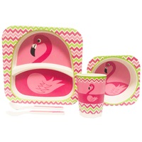 Set de masa si tacamuri pentru copii din fibra de bambus, FizioTab® Kids - Farfurie 2 compartimente, cana, bol, furculita si lingurita, serviciu de masa bebe, set hranire 5 piese, vesela mic dejun, pranz, cina, Flamingo