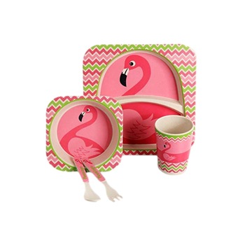 Set de masa si tacamuri pentru copii din fibra de bambus, FizioTab® Kids - Farfurie 2 compartimente, cana, bol, furculita si lingurita, serviciu de masa bebe, set hranire 5 piese, vesela mic dejun, pranz, cina, Flamingo Set de masa si tacamuri pentru copii din fibra de bambus, FizioTab® Kids - Farfurie 2 compartimente, cana, bol, furculita si lingurita, serviciu de masa bebe, set hranire 5 piese, vesela mic dejun, pranz, cina, Flamingo