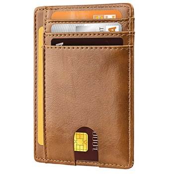 Portofel Ultra Slim Blocare RFID Maro Nisip Portmoneu Minimalist pentru Barbati si Femei Portofel Ultra Slim Blocare RFID Maro Nisip Portmoneu Minimalist pentru Barbati si Femei