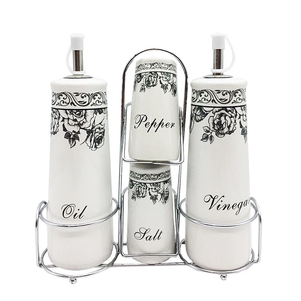 Oliviera alba Florence alb / negru , Set 4 piese ceramica, Suport inox