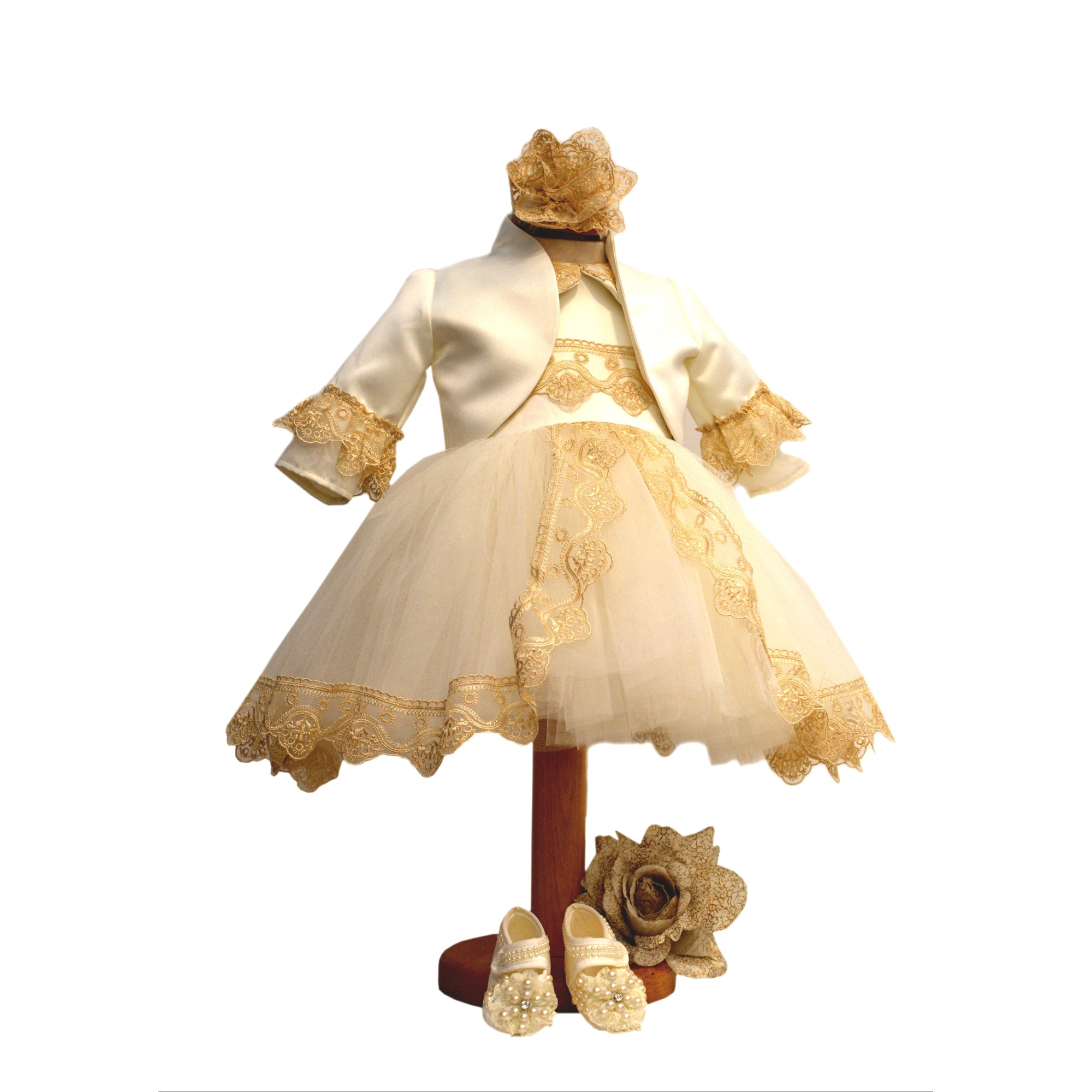 Set Botez Lempika, Bebe Emma, 4 piese, Rochita, Bolero, Bentita, Botosi, 0-3luni