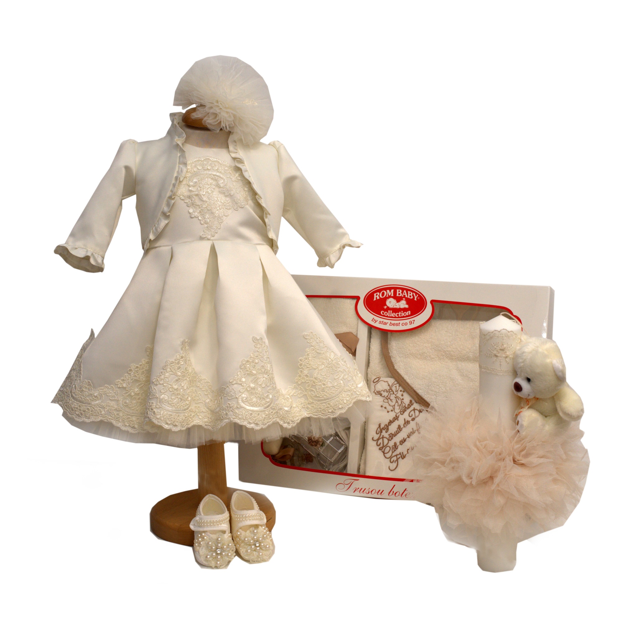 Set Botez Lempika Bebe Arabella: Rochita Botez Lempika + Bolero + Bentita + Botosi + Lumanare Botez + Trusou Botez Biserica
