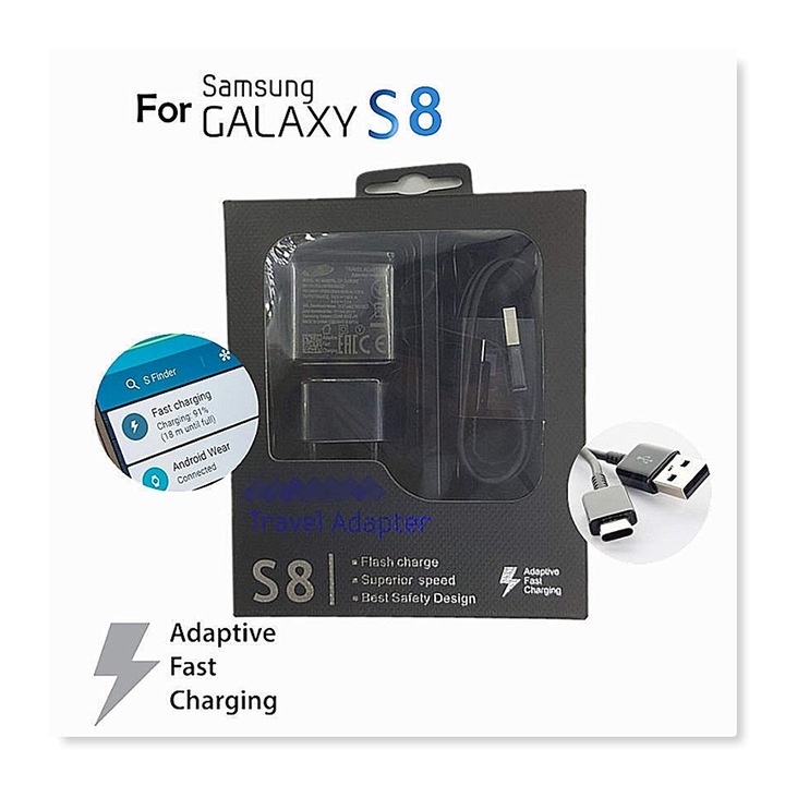 Зарядно устройство Samsung EP-TA20CBCQGCH + Typ C, S8/S8+/S9/S9+/Note8/Note9, Блистер, Черен