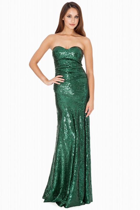 Rochie de seara, lunga, fara bretele, MaJolly Collection, cu paiete, culoare smarald