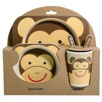 Set de masa si tacamuri pentru copii din fibra de bambus, FizioTab® Kids - Farfurie 2 compartimente, cana, bol, furculita si lingurita, serviciu de masa bebe, set hranire 5 piese, vesela mic dejun, pranz, cina, Maimuta