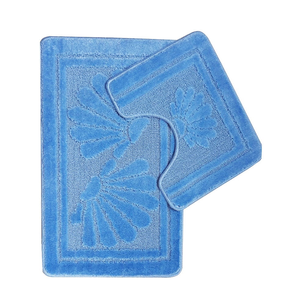 Set 2 covorase baie Basic Standard , 50x80cm/40x50cm, antiderapant, polipropilena, culoare bleu, model scoici, gramaj 800 g