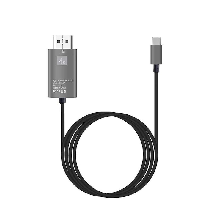 USB 3.1 тип C към HDMI 4K кабел - HDMI Video Type C HUB адаптер 2 метра за Samsung Xiaomi и устройства с щепсел тип C, черен, BBL666