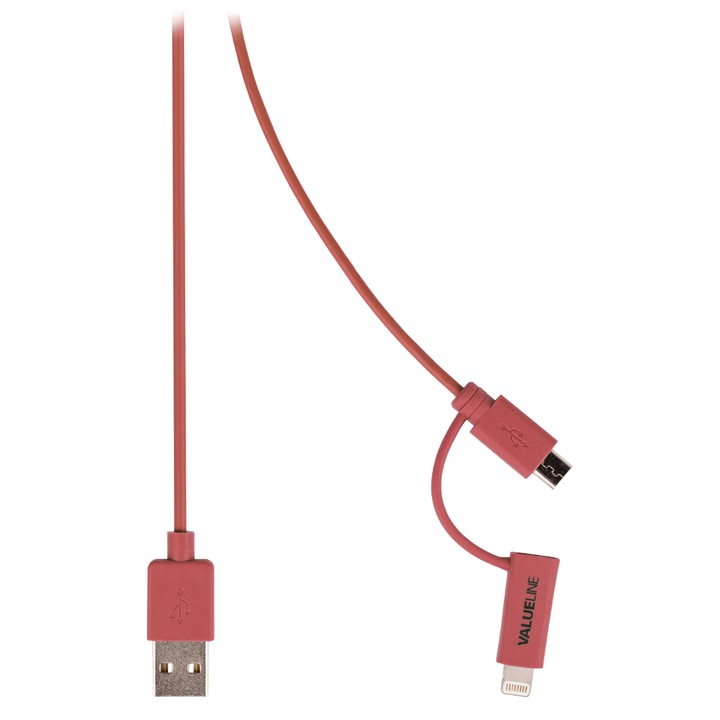 Cablu Valueline USB 2.0 A tata - micro B tata cu adaptor lightning, 1 m, rosu