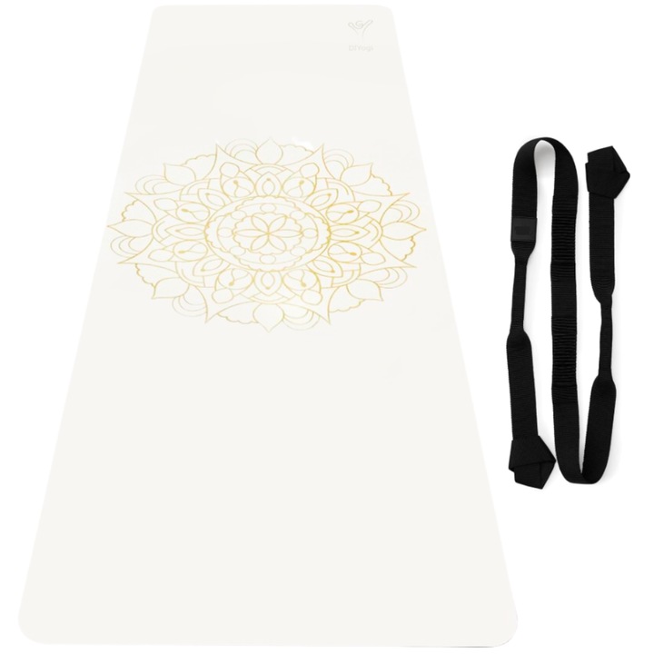 Saltea Fitness/Yoga/Pilates/Exercitii Profesionala cu Mandala, DIYogi, Alb, Curea Transport Inclusa,183 x 61 cm