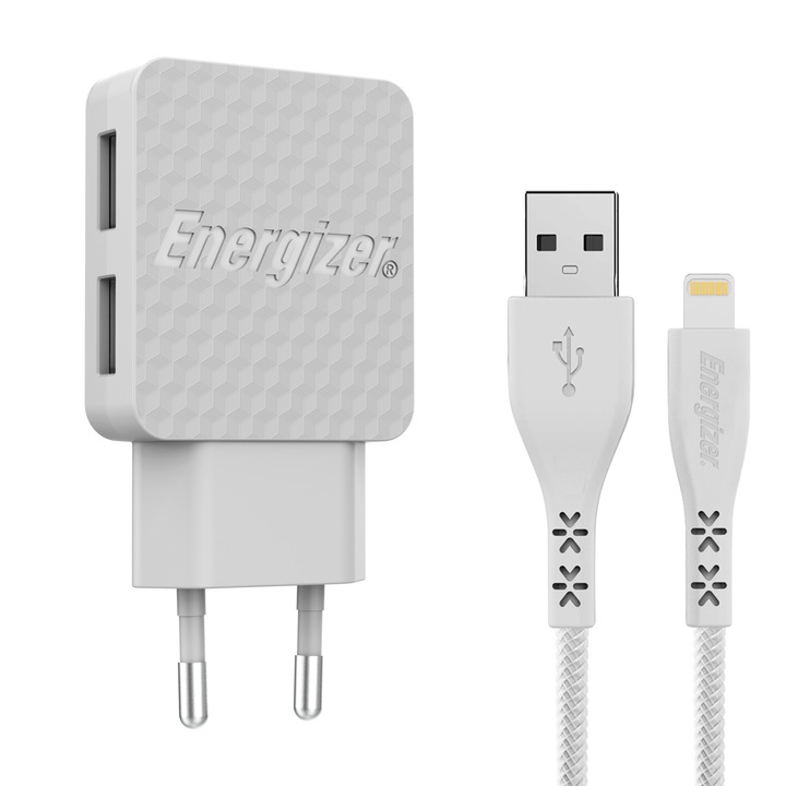 Мрежово зарядно устройство Energizer LifeTime, 3.4A, 2USB, Включен кабел Lightning, 1.2 м, Бял