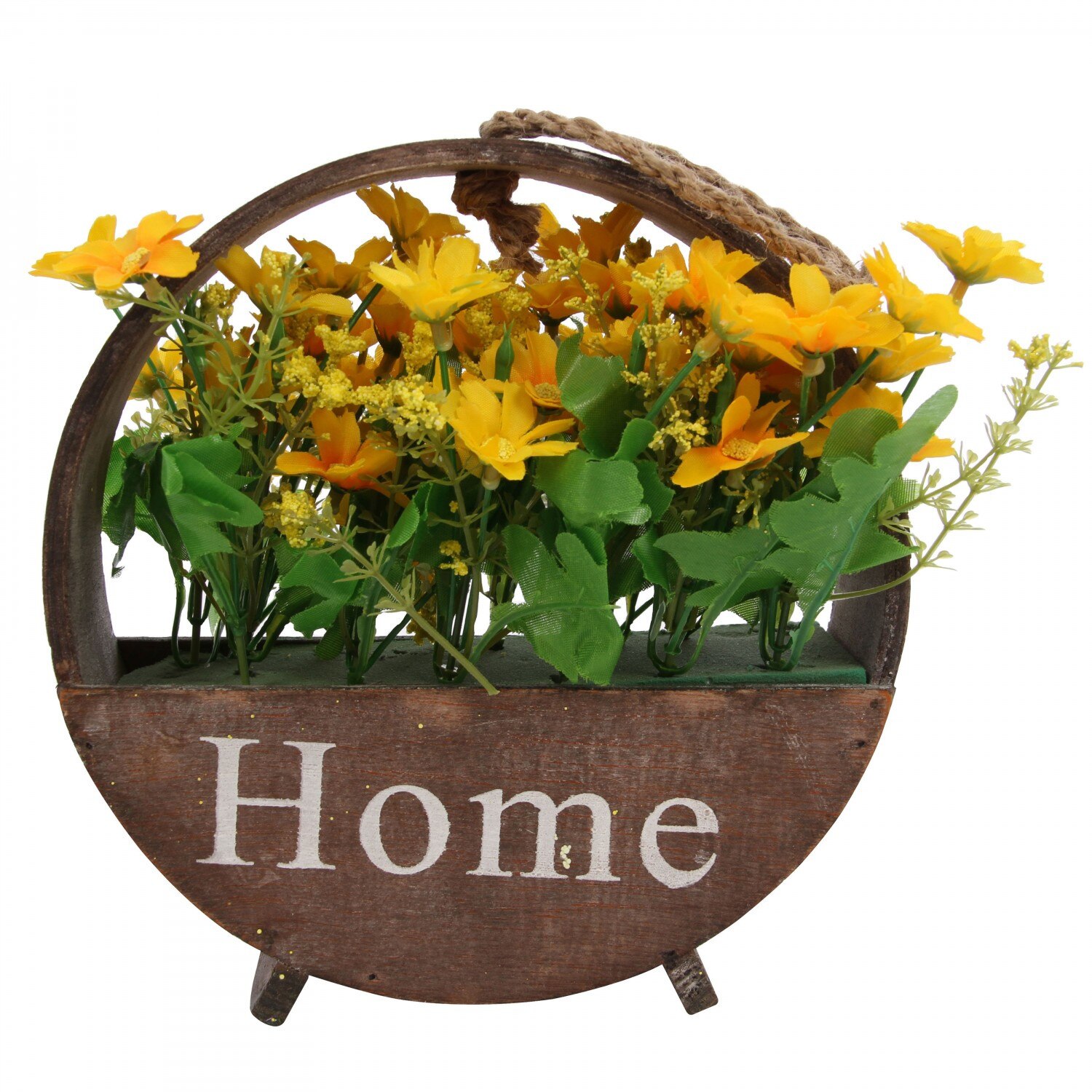 Aranjamentul floral cu inscriptia Home este alcatuit din flori in nuante de galben si un cosulet cu finisaj din lemn , se poate agata , ATS, 20 x 5 cm