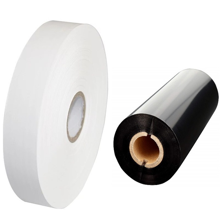 Kit etichete textile 35 mm x 200 M, satin, fond alb, text negru