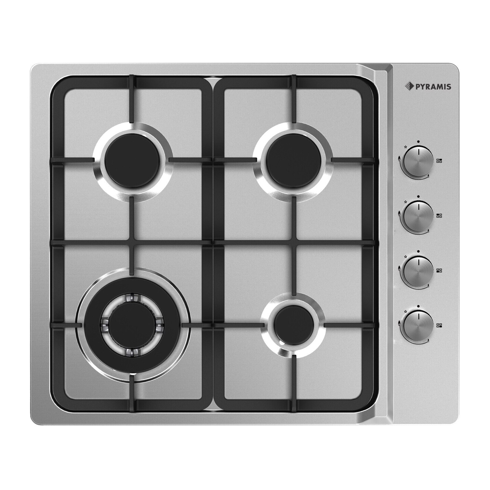 Plita gaz Pyramis 64ACZX, dimensiune 590x500mm, 4 arzatoare, wok, gratare fonta, butoane laterale, finisaj inox