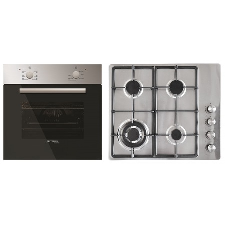 Pachet cuptor electric 1006 si plita gaz 64ACZX Pyramis ECOLINE, Clasa A, Inox, Sticla neagra si Fonta