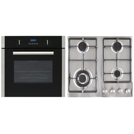 Pachet cuptor electric 6082 si plita gaz 60BAZX Pyramis ECOLINE, Clasa A, Inox, Sticla neagra si Fonta