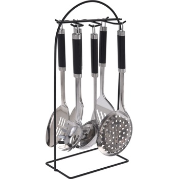 Set 6 ustensile pentru bucatarie Black Steel, inox, cu suport Set 6 ustensile pentru bucatarie Black Steel, inox, cu suport