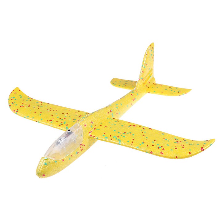 Avion planor din polistiren cu LED, Galben, lungime 47 cm, Robentoys