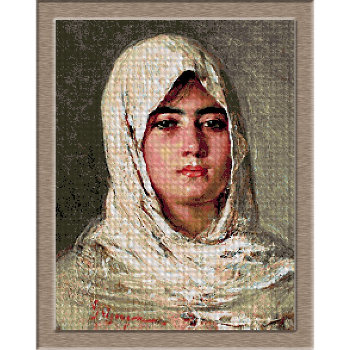 Goblen cu diagrama color si set ate - N.Grigorescu - Tarancuta cu marama, KRIF, panza 10 ochiuri/cm 40 culori