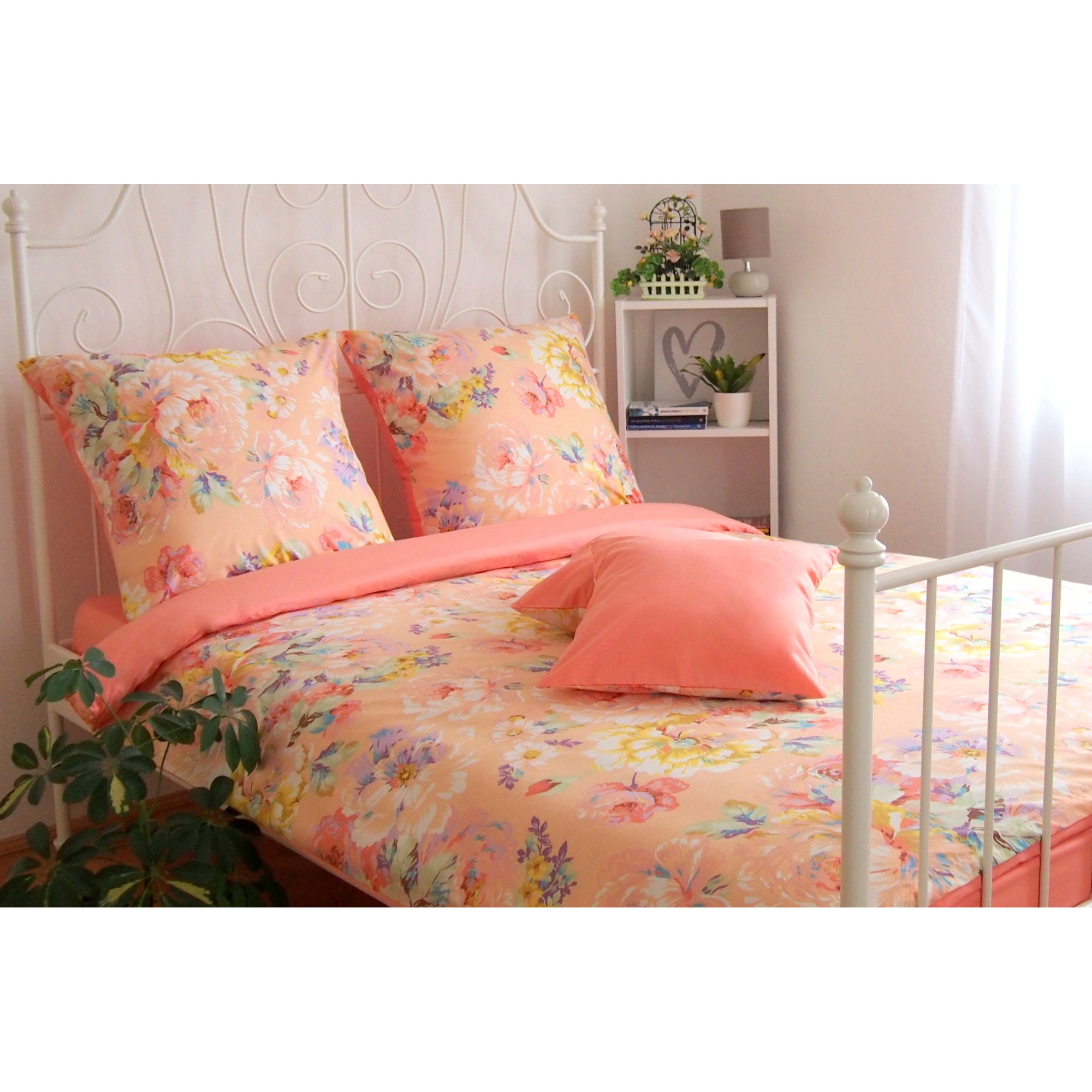 Lenjerie de pat, 6 piese, Partener Tex, pentru 2 persoane, din bumbac 100% Ranforce, Bujori mari pe corai cu somon