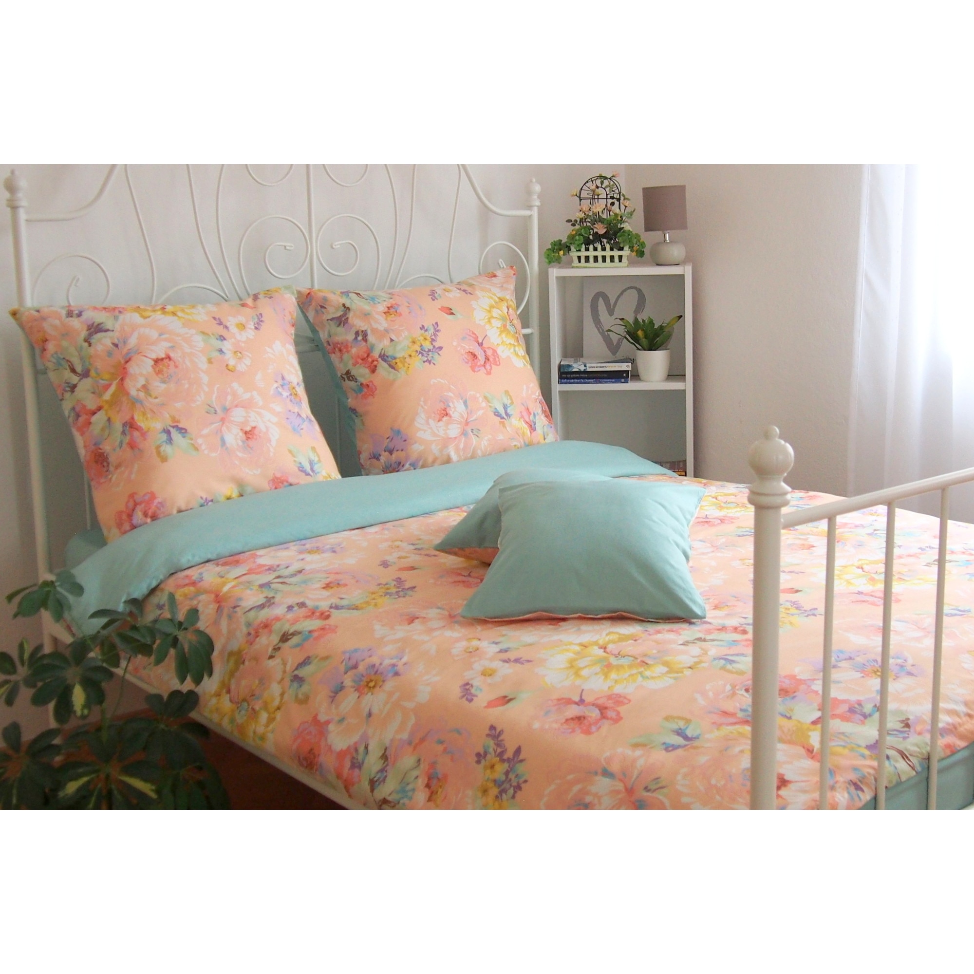 Lenjerie de pat, 6 piese, Partener Tex, pentru 2 persoane, din bumbac 100% Ranforce, Bujori mari pe corai cu verde