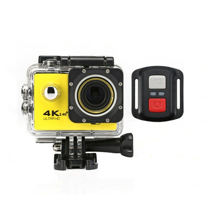 Camera Video Sport, Ultra HD cu Wi-Fi, Rezistenta la Apa, cu Telecomanda, A-Cam 4K, Galben