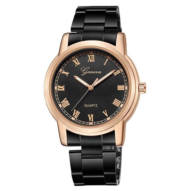 Ceas Geneva Unisex Quartz Casual Elegant Negru-rose, PN999484NRE, curea din metal (zale), afisaj Analog