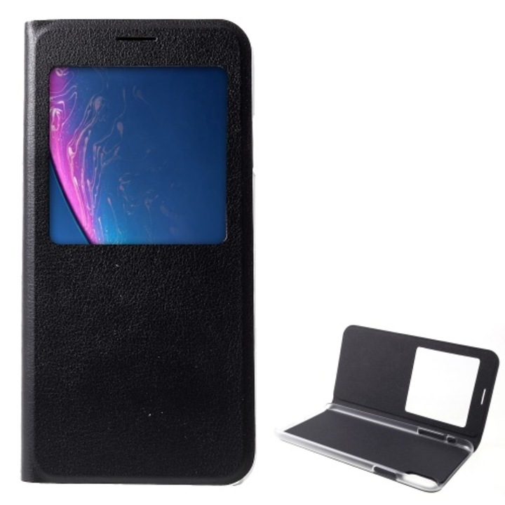 Telefontok álló, bőr hatású (flip, oldalra nyíló, asztali tartó funkció, S-View Cover) Fekete [Apple iPhone XS Max 6.5]