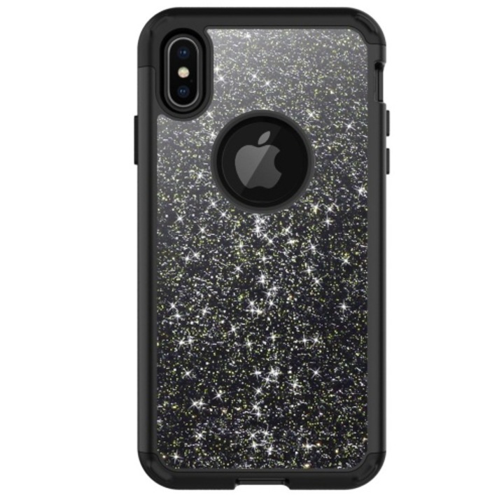 Defender műanyag hátlapvédő telefontok (gumi / szilikon belső, közepesen ütésálló, flitteres, logó kivágás) Fekete [Apple iPhone XS Max 6.5]