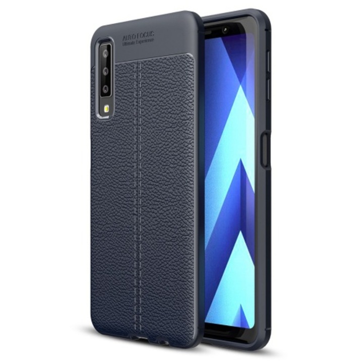 Hátlapvédő telefontok gumi / szilikon (közepesen ütésálló, bőrhatás, varrás minta) SötétKék [Samsung Galaxy A7 (2018) SM-A750F]