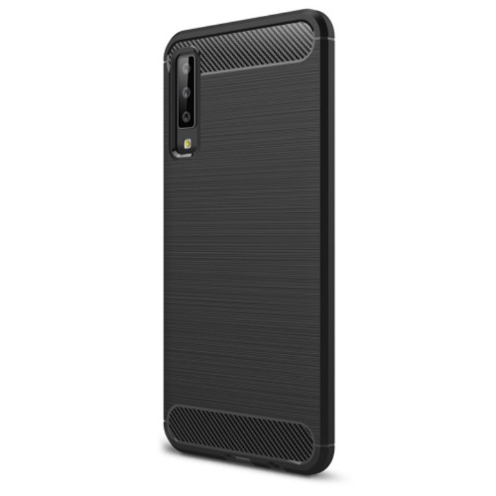 Hátlapvédő telefontok gumi / szilikon (közepesen ütésálló, légpárnás sarok, szálcsiszolt, karbonminta) Fekete [Samsung Galaxy A7 (2018) SM-A750F]