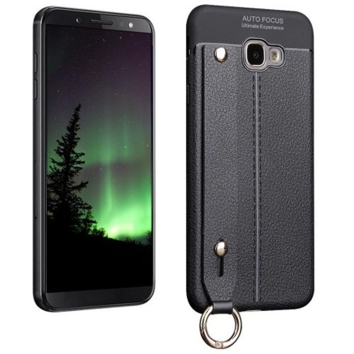 Hátlapvédő telefontok gumi / szilikon (kézpánt, közepesen ütésálló, asztali tartó funkció, bőrhatás, varrás minta) Fekete [Samsung Galaxy J4+ Plus (J415F)]