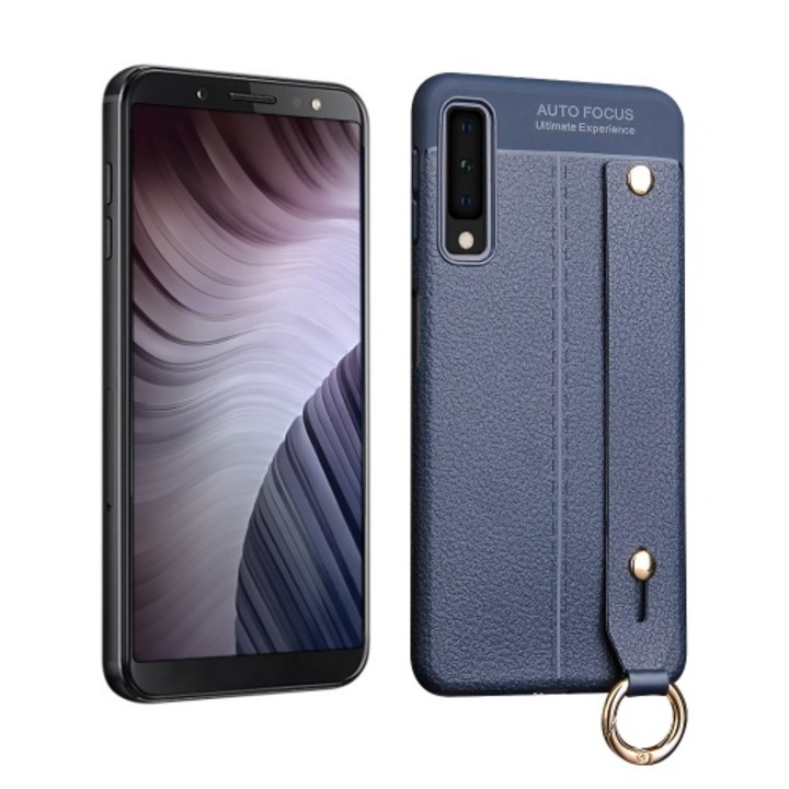 Hátlapvédő telefontok gumi / szilikon (kézpánt, közepesen ütésálló, asztali tartó funkció, bőrhatás, varrás minta) SötétKék [Samsung Galaxy A7 (2018) SM-A750F]