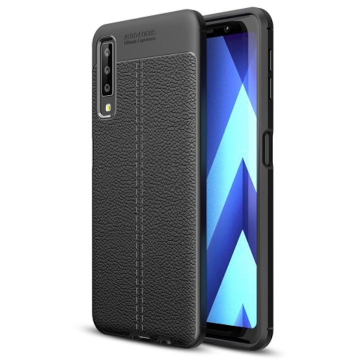Hátlapvédő telefontok gumi / szilikon (közepesen ütésálló, bőrhatás, varrás minta) Fekete [Samsung Galaxy A7 (2018) SM-A750F]