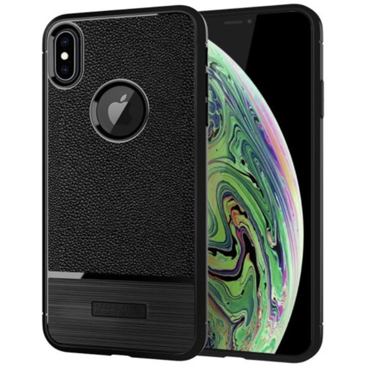 Hátlapvédő telefontok gumi / szilikon (közepesen ütésálló, bőrhatás, szálcsiszolt, logo kivágás) Fekete [Apple iPhone XS Max 6.5]