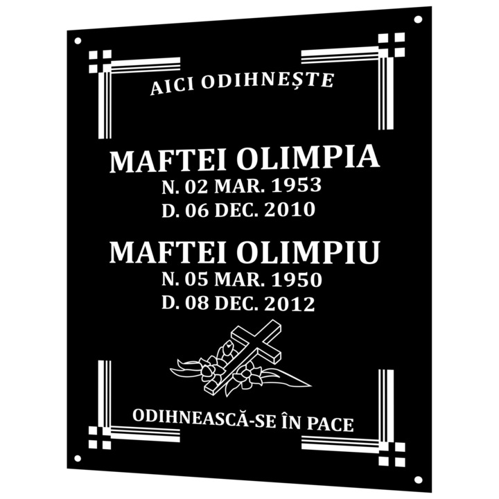 Placa funerara aluminu eloxat negru 200 x 150 x 1 mm, 2 Nume + Prenume
